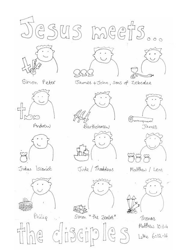 Jesus' Disciples Colouring Sheet*This colouring sheet introduces Jesus’ original 12 disciples with small symbols relating to each of their characters. Printable as an A4 colouring sheet.