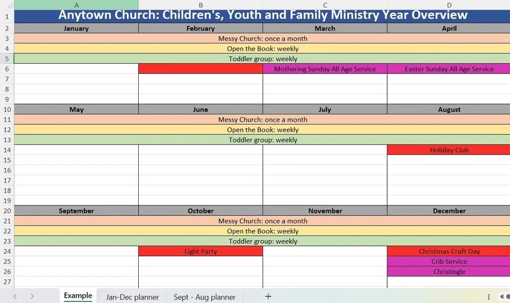 Yearly Planner*This excel-based planning tool enables you to plot your regular activities, and occasional events, keeping all your team up to date and helping to plan the year simply and easily. Available in both Sept-Aug and Jan-Dec.